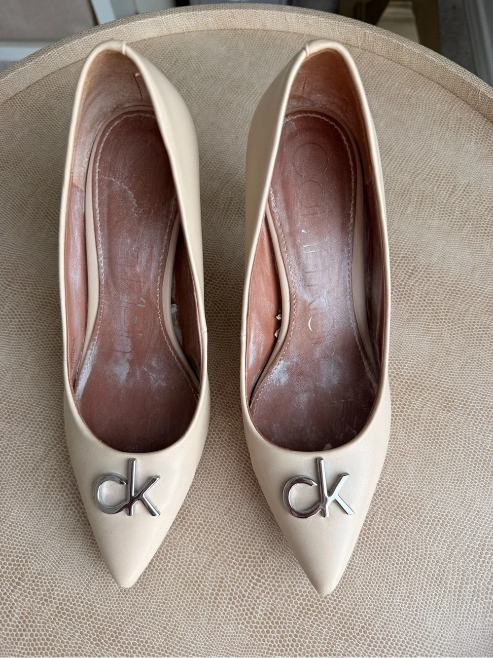 Calvin Klein Nude Pointed-Toe Logo Stiletto Pumps